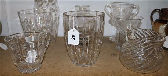 George V Coronation glass vase and 7 other cut, ribbed and engraved clear glass vases